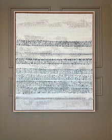 Original abstract painting from the PURE PATINA series, matte acrylic on aged burlap mounted on canvas, light tones, framed in shadow gap frame