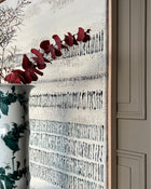 Side view of original abstract painting on burlap mounted on canvas, shadow gap frame emphasizing depth and materiality