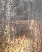 Detail of layered egg tempera and ash creating a textured patina surface in abstract painting