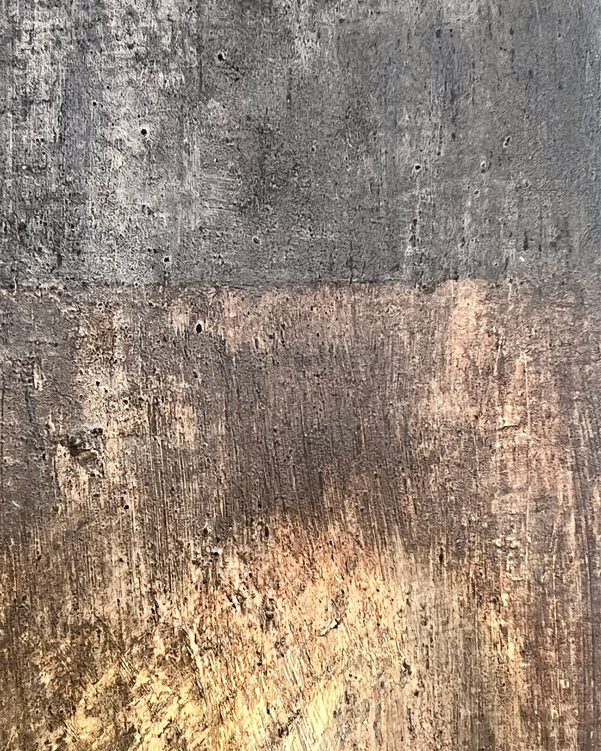 Detail of layered egg tempera and ash creating a textured patina surface in abstract painting
