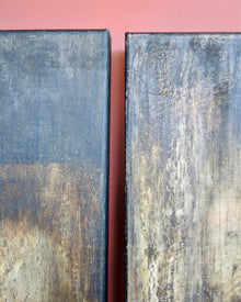 Detail of layered egg tempera and ash creating a textured patina surface in abstract painting