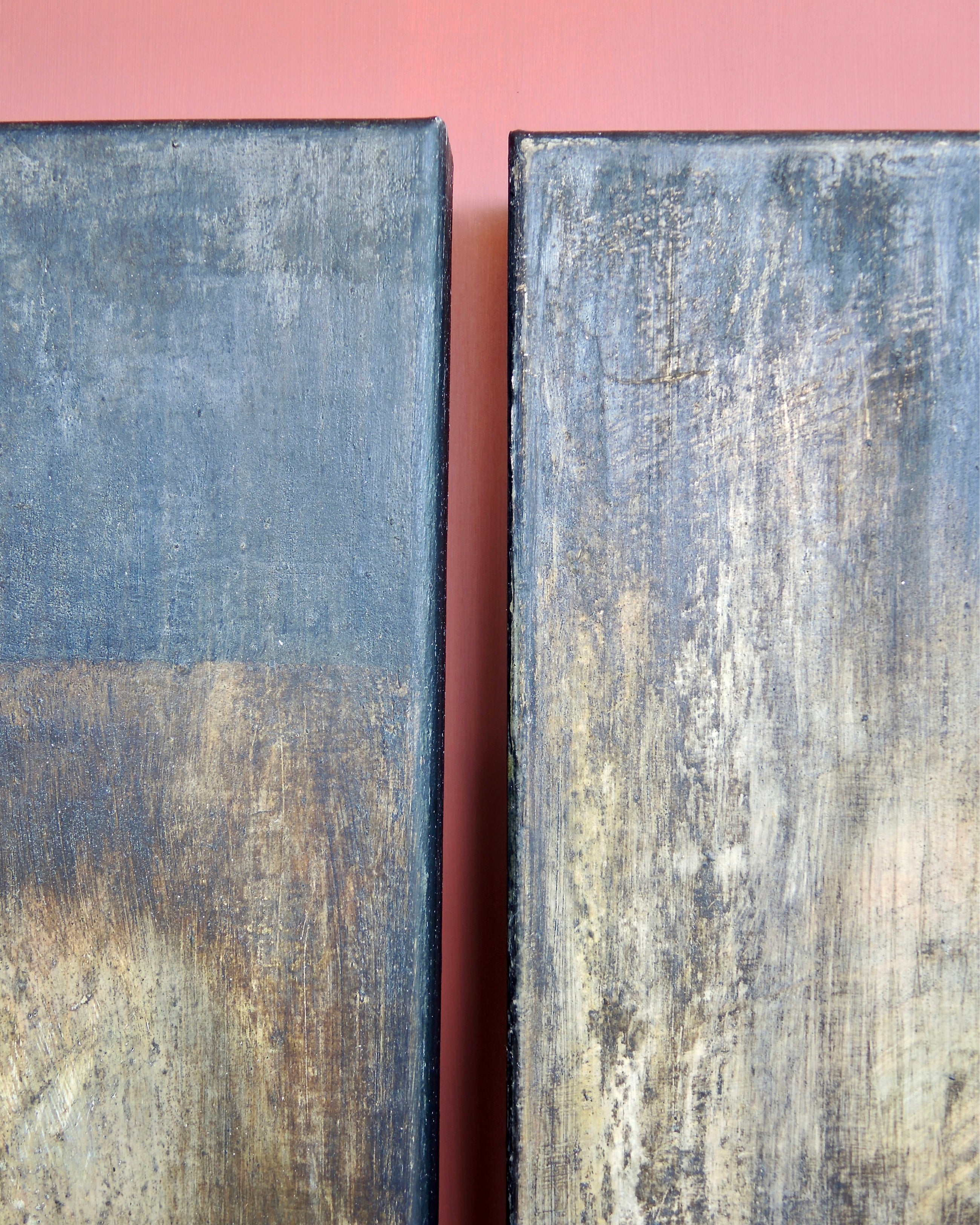 Detail of layered egg tempera and ash creating a textured patina surface in abstract painting