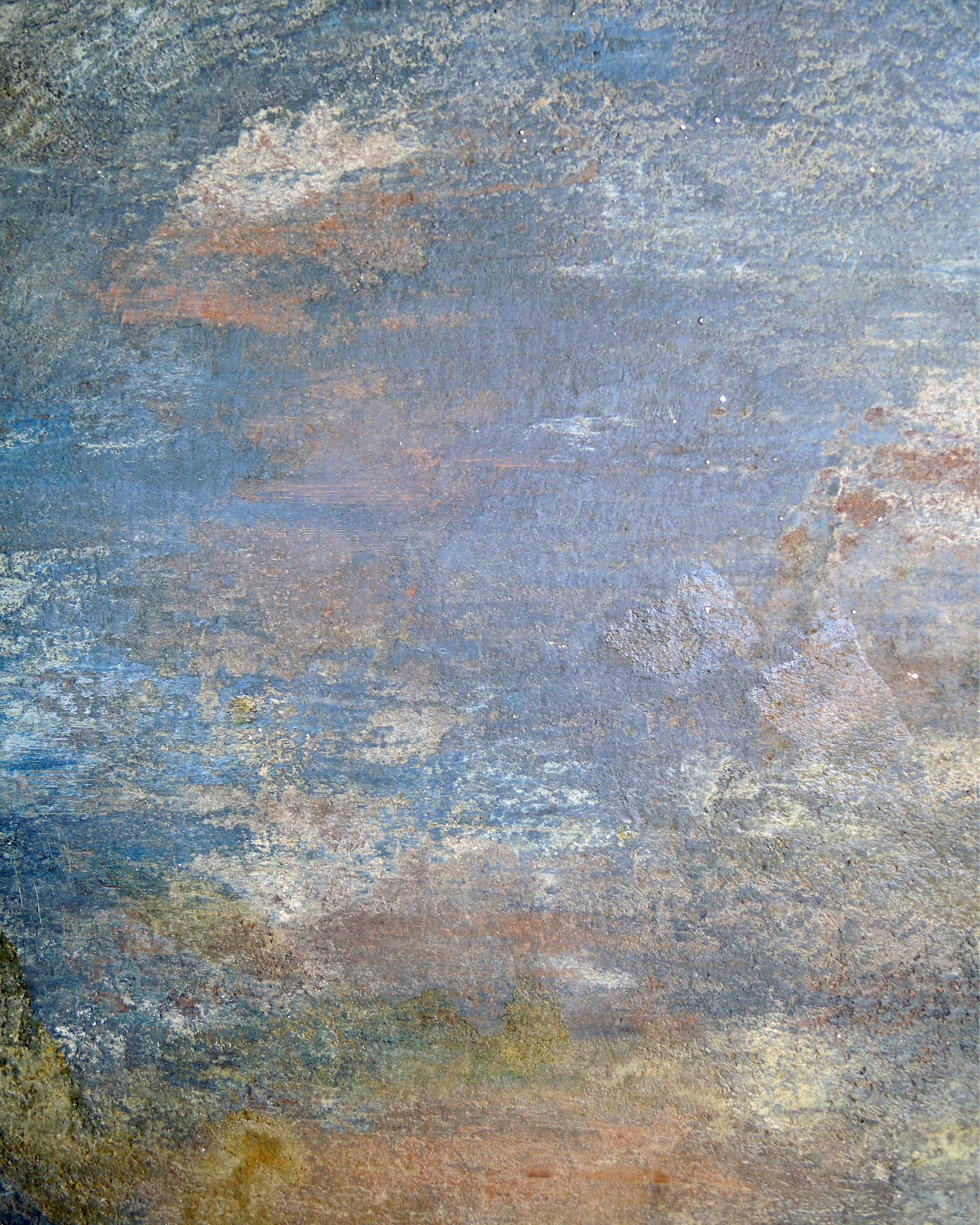 Detail of textured abstract painting surface with layered egg tempera, pigments and ash on wood
