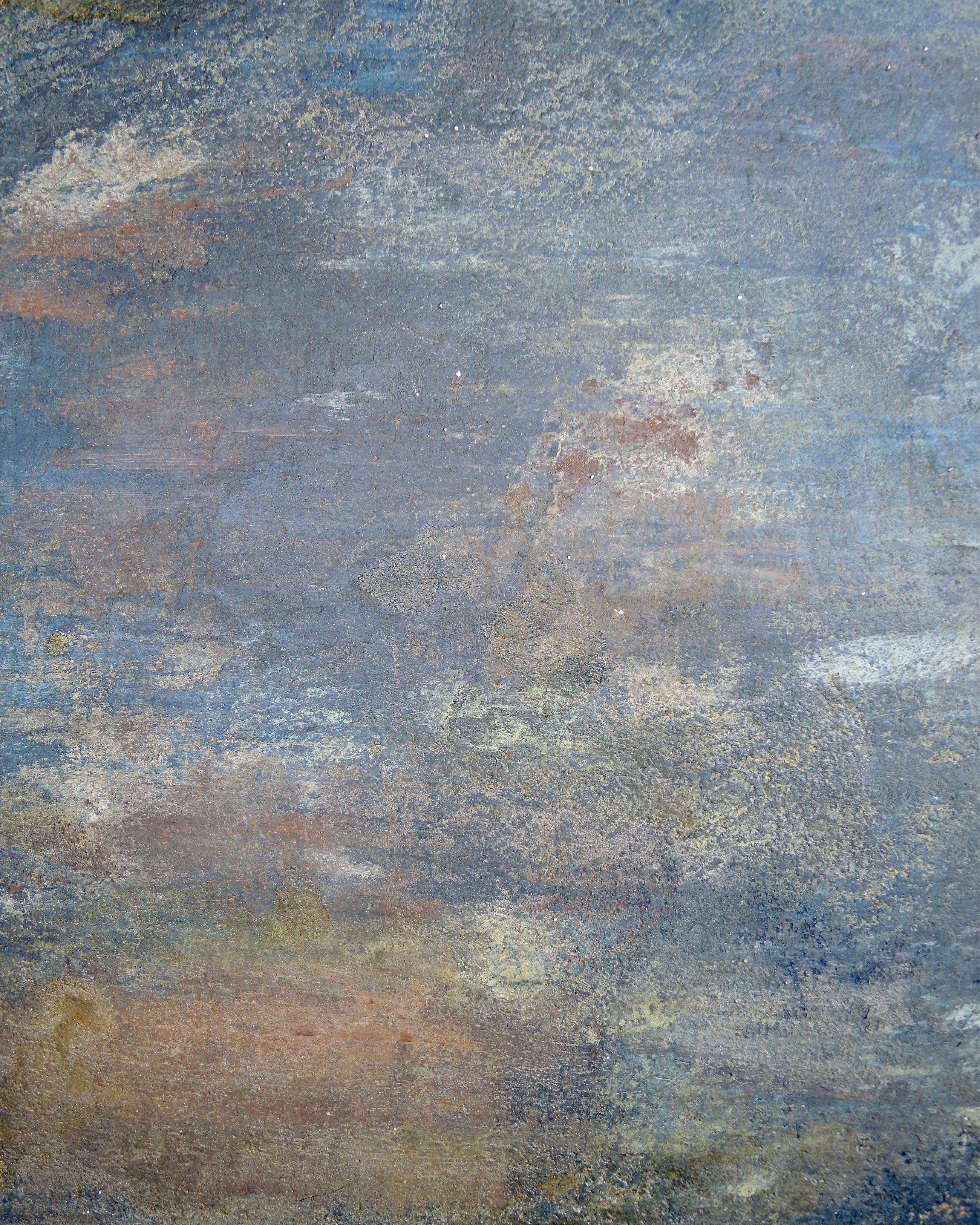 Detail of textured abstract painting surface with layered egg tempera, pigments and ash on wood
