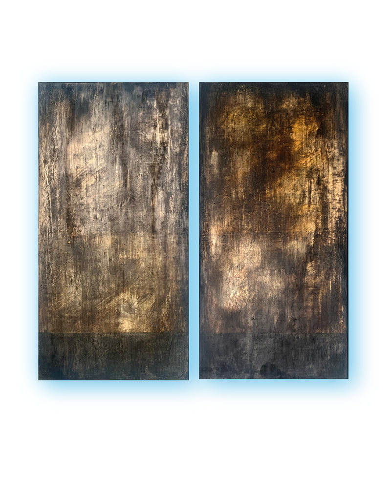 Abstract diptych painting with layered patina surfaces, egg tempera, natural pigments and ash on canvas
