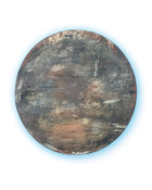 Round abstract painting in dark earthy tones, layered egg tempera, pigments and ash on wooden panel, PURE PATINA – Dark series
