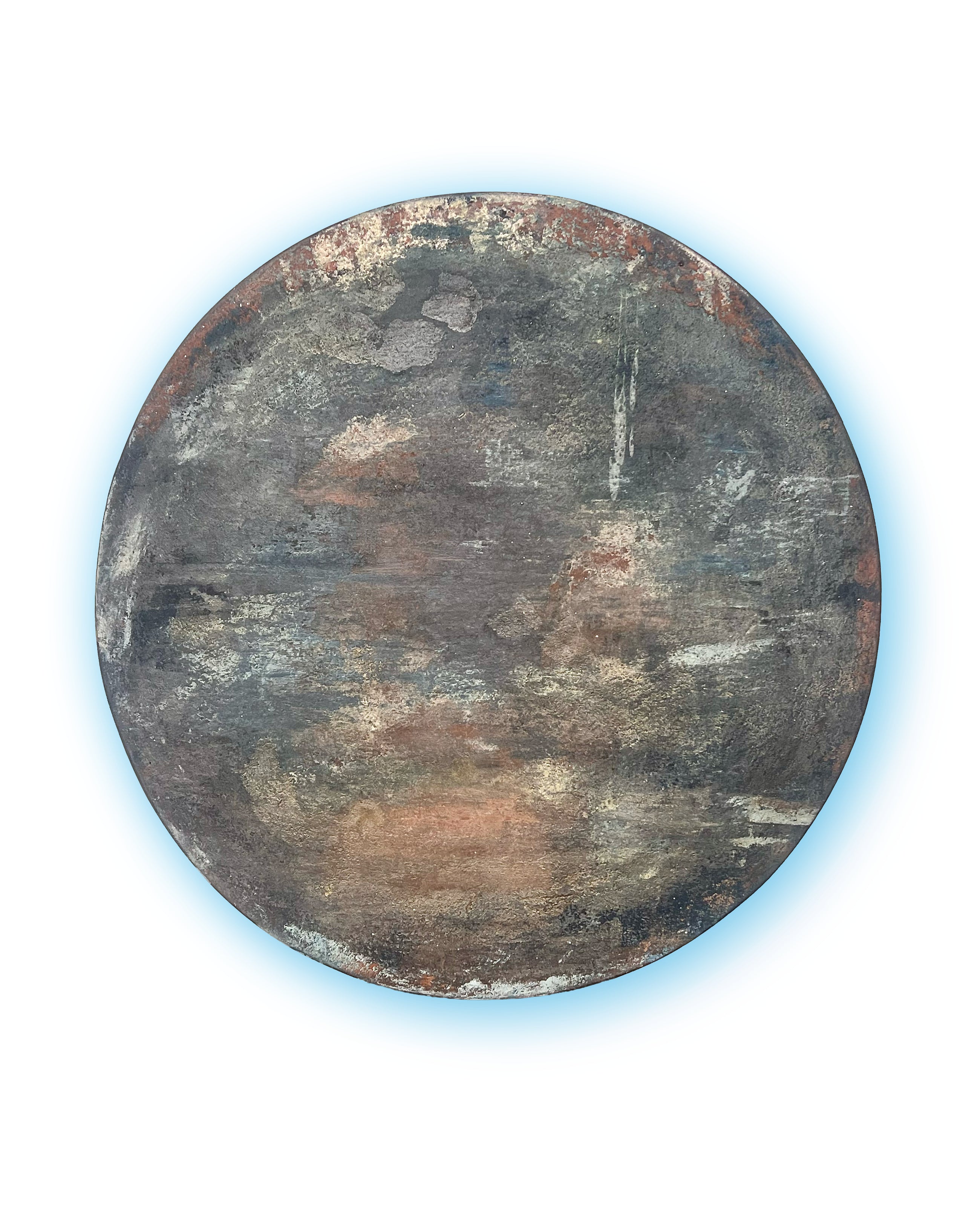 Round abstract painting in dark earthy tones, layered egg tempera, pigments and ash on wooden panel, PURE PATINA – Dark series
