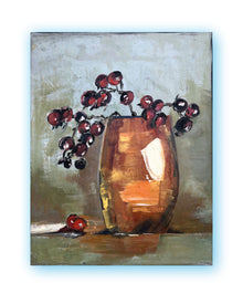 Contemporary still life painting with vessel and dark berries, mixed media on canvas in muted earth tones.