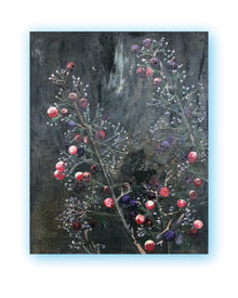 Original still life painting with delicate branches and dark berries on a deep, textured background, mixed media on canvas, THE COLLECTED IV by PATINA & ORO.