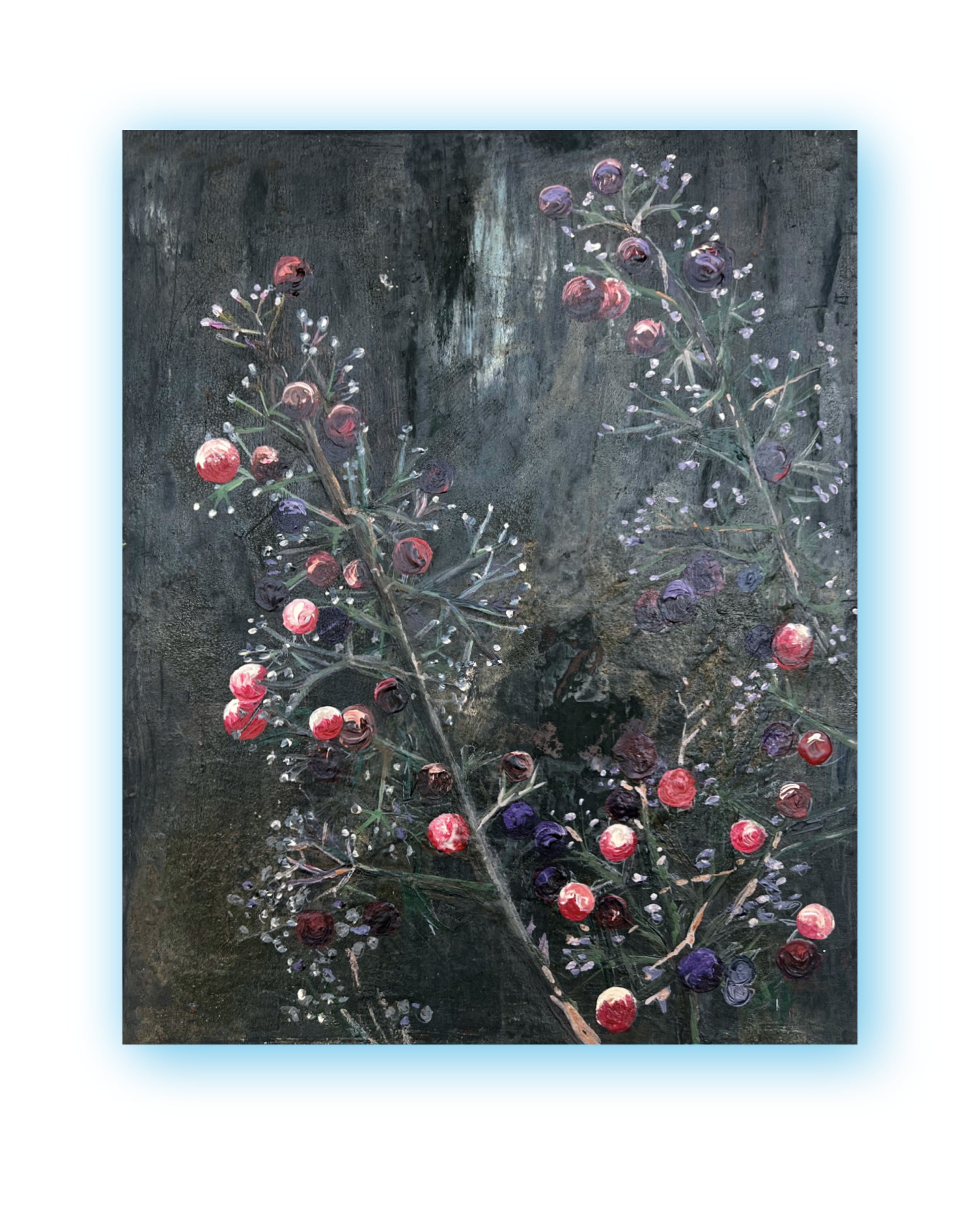 Original still life painting with delicate branches and dark berries on a deep, textured background, mixed media on canvas, THE COLLECTED IV by PATINA & ORO.