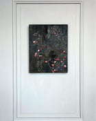 Original still life painting with delicate branches and dark berries on a deep, textured background, mixed media on canvas, THE COLLECTED IV by PATINA & ORO.