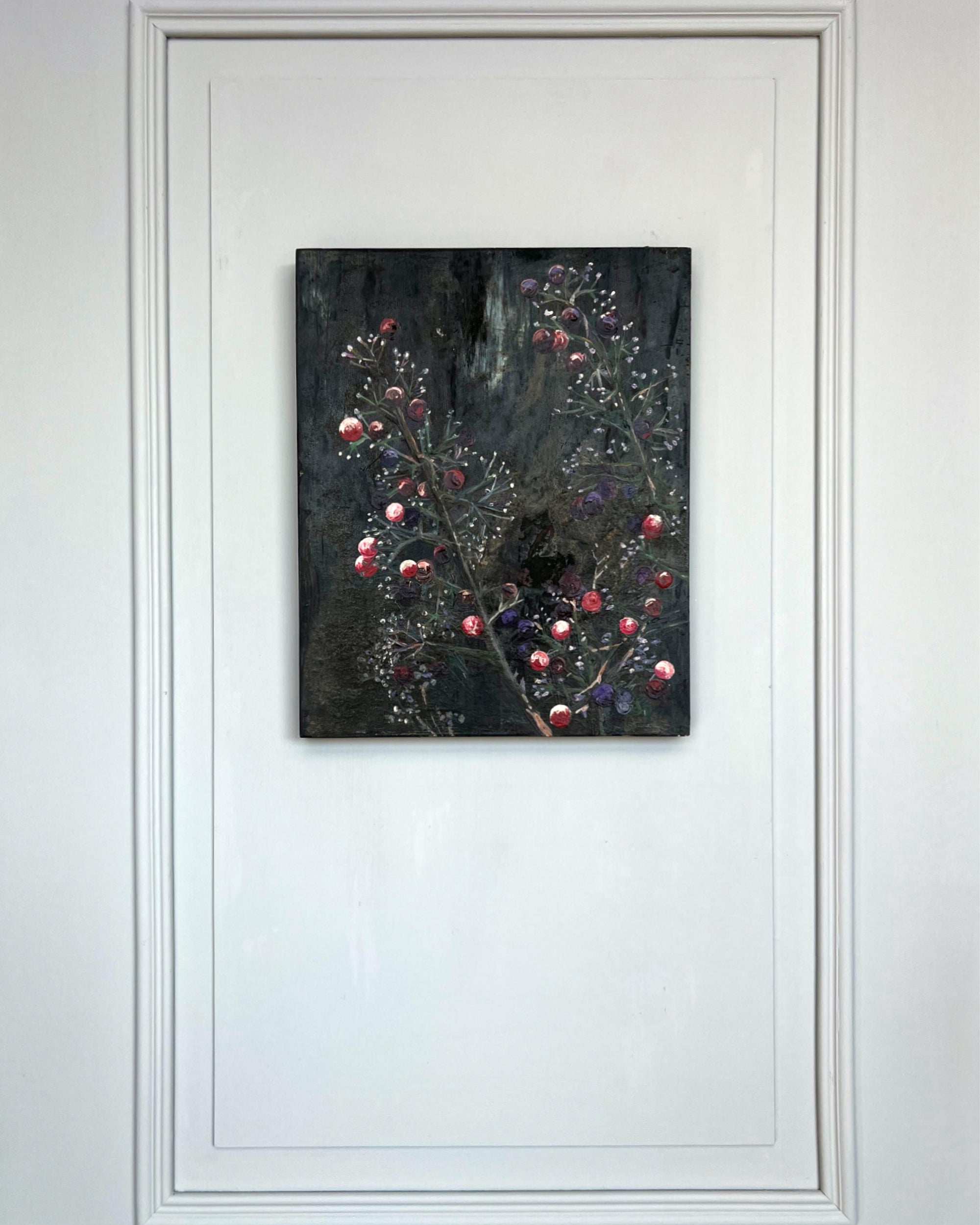 Original still life painting with delicate branches and dark berries on a deep, textured background, mixed media on canvas, THE COLLECTED IV by PATINA & ORO.