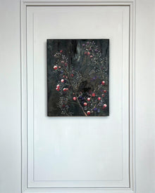 Original still life painting with delicate branches and dark berries on a deep, textured background, mixed media on canvas, THE COLLECTED IV by PATINA & ORO.