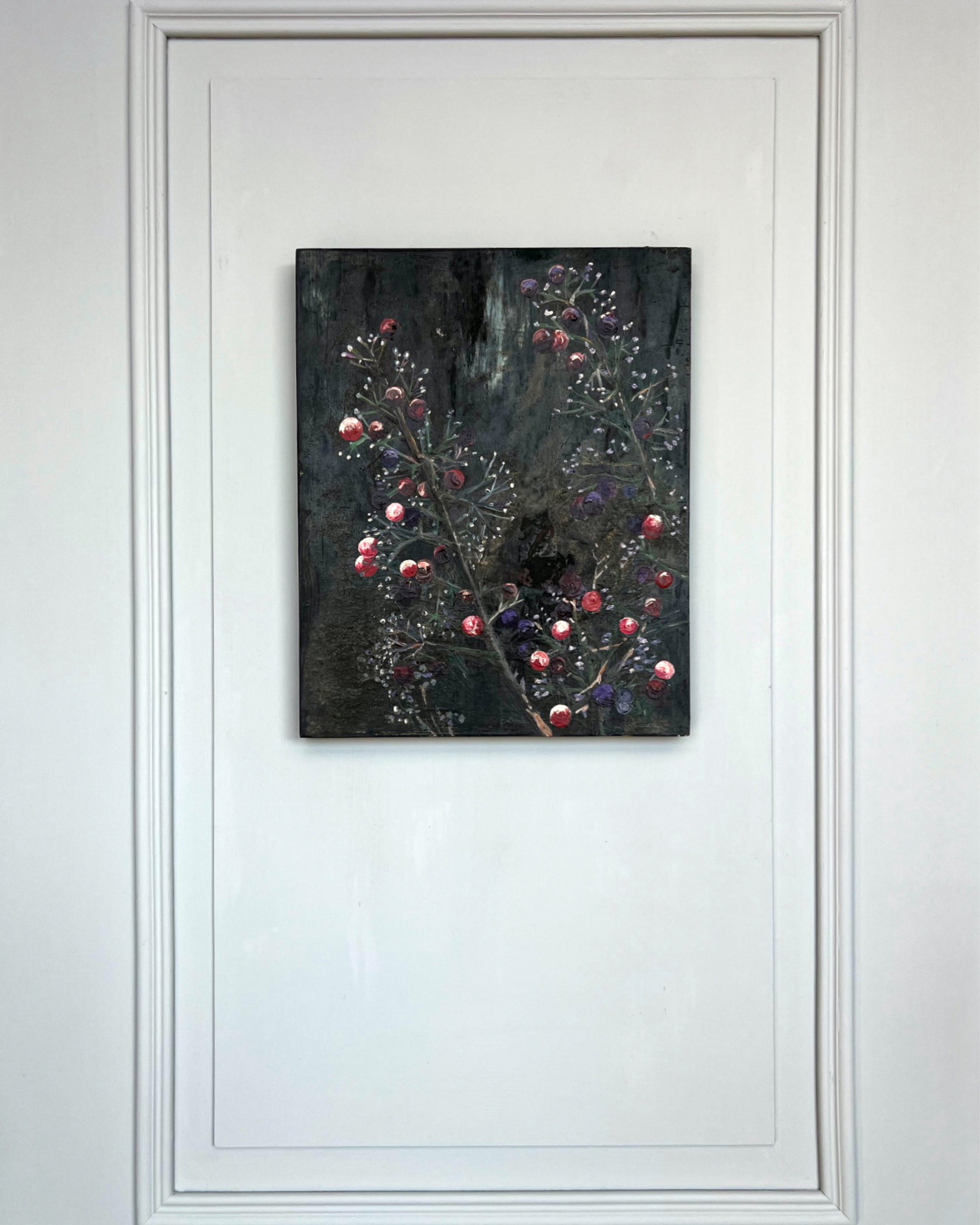 Original still life painting with delicate branches and dark berries on a deep, textured background, mixed media on canvas, THE COLLECTED IV by PATINA & ORO.