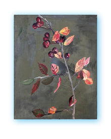 Small-format still life painting with branch, red berries and autumn leaves, mixed media on canvas in muted green and earth tones.