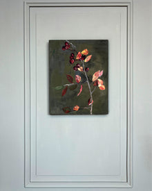 Small-format still life painting with branch, red berries and autumn leaves, mixed media on canvas in muted green and earth tones.