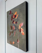 Side view of original still life painting on canvas showing depth, painted edges and material surface.