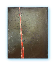 Wabi sabi inspired original painting with a solitary vertical form on a textured, earthy surface, mixed media on canvas, THE COLLECTED.