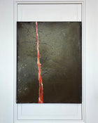 Detail of layered patina surface with visible traces of time, pigments and ash in a contemporary wabi sabi painting.