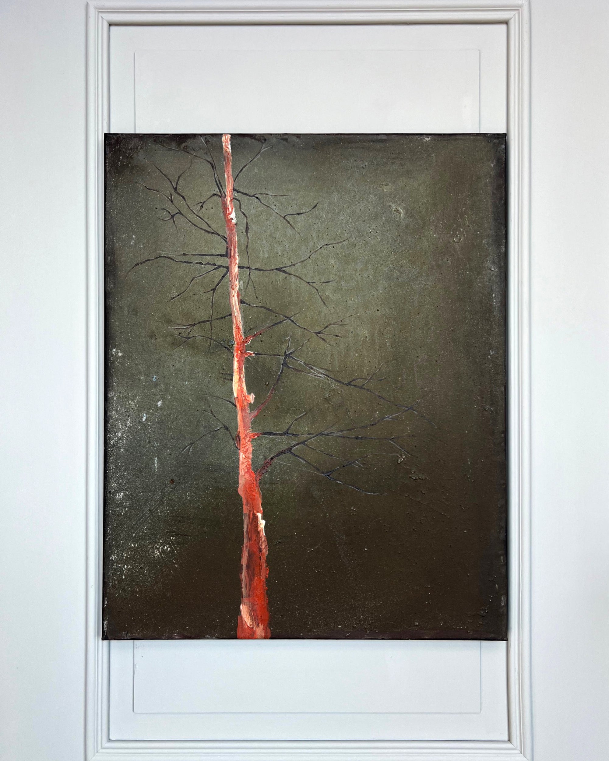 Detail of layered patina surface with visible traces of time, pigments and ash in a contemporary wabi sabi painting.