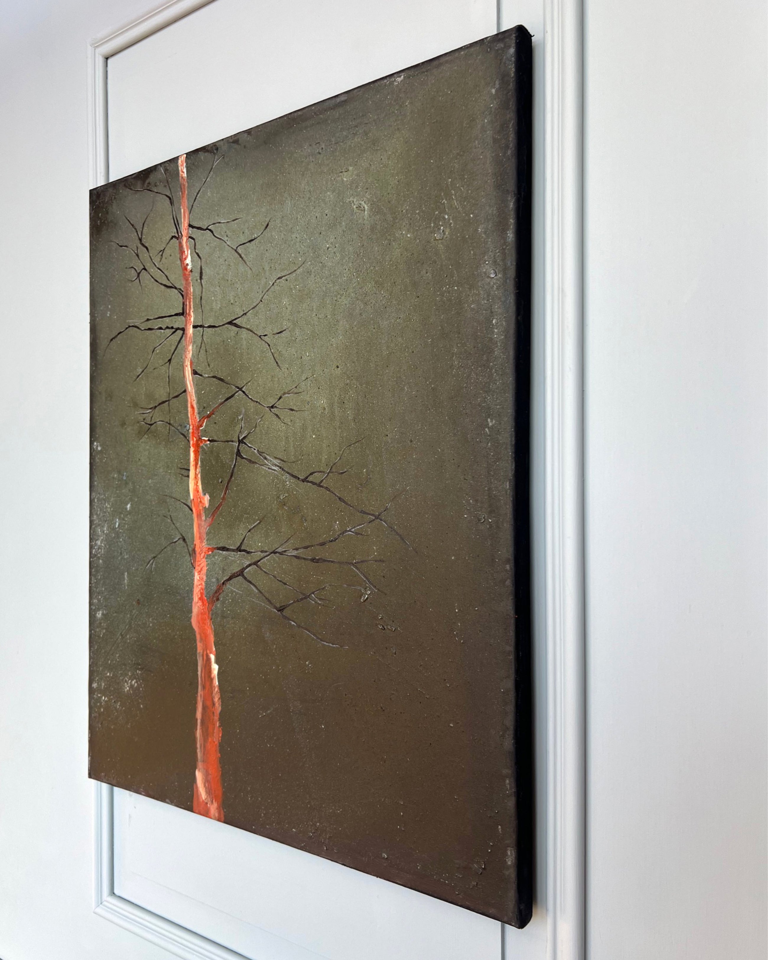 Side view of original mixed media painting on canvas, showing painted edges and material depth.