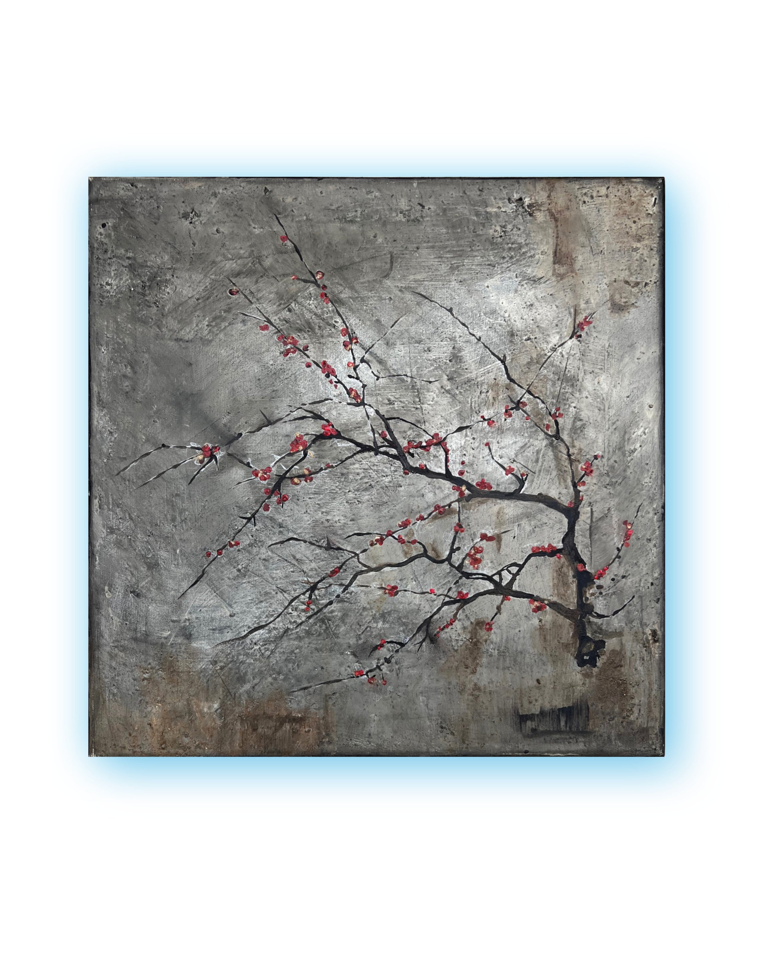 Square contemporary painting with a delicate branch and red blossoms on a cool grey patina surface, showing layered texture and quiet balance.