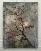 Wabi Sabi inspired original painting featuring a textured grey surface with a dark branching tree and red blossoms, mixed media on canvas by PATINA & ORO.