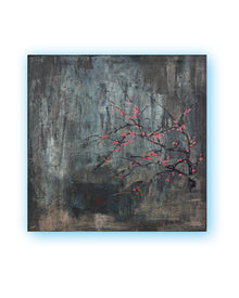 Original still life painting with flowering branch and red blossoms on a dark, textured background, mixed media on canvas, THE COLLECTED by PATINA & ORO.