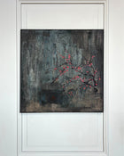 Detail of red blossoms and layered surface in mixed media still life painting, egg tempera and pigments on canvas.