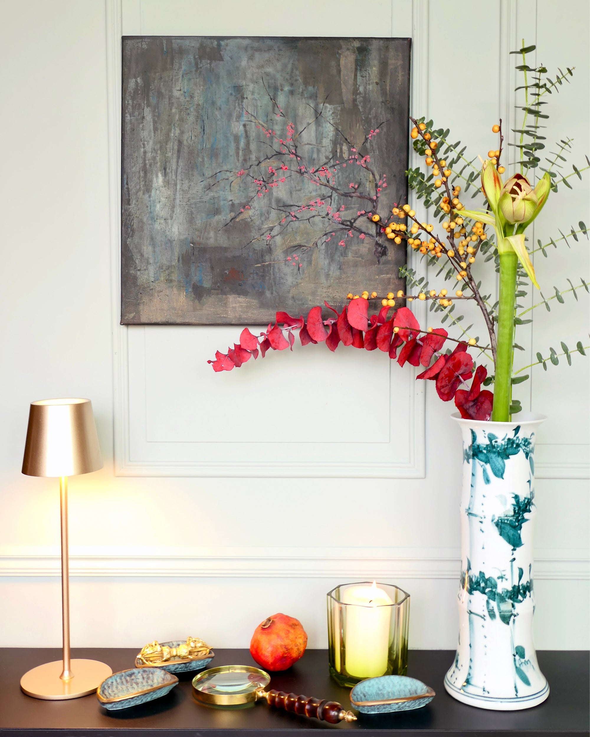 Original still life artwork displayed in an elegant interior setting, large-format painting from THE COLLECTED series.