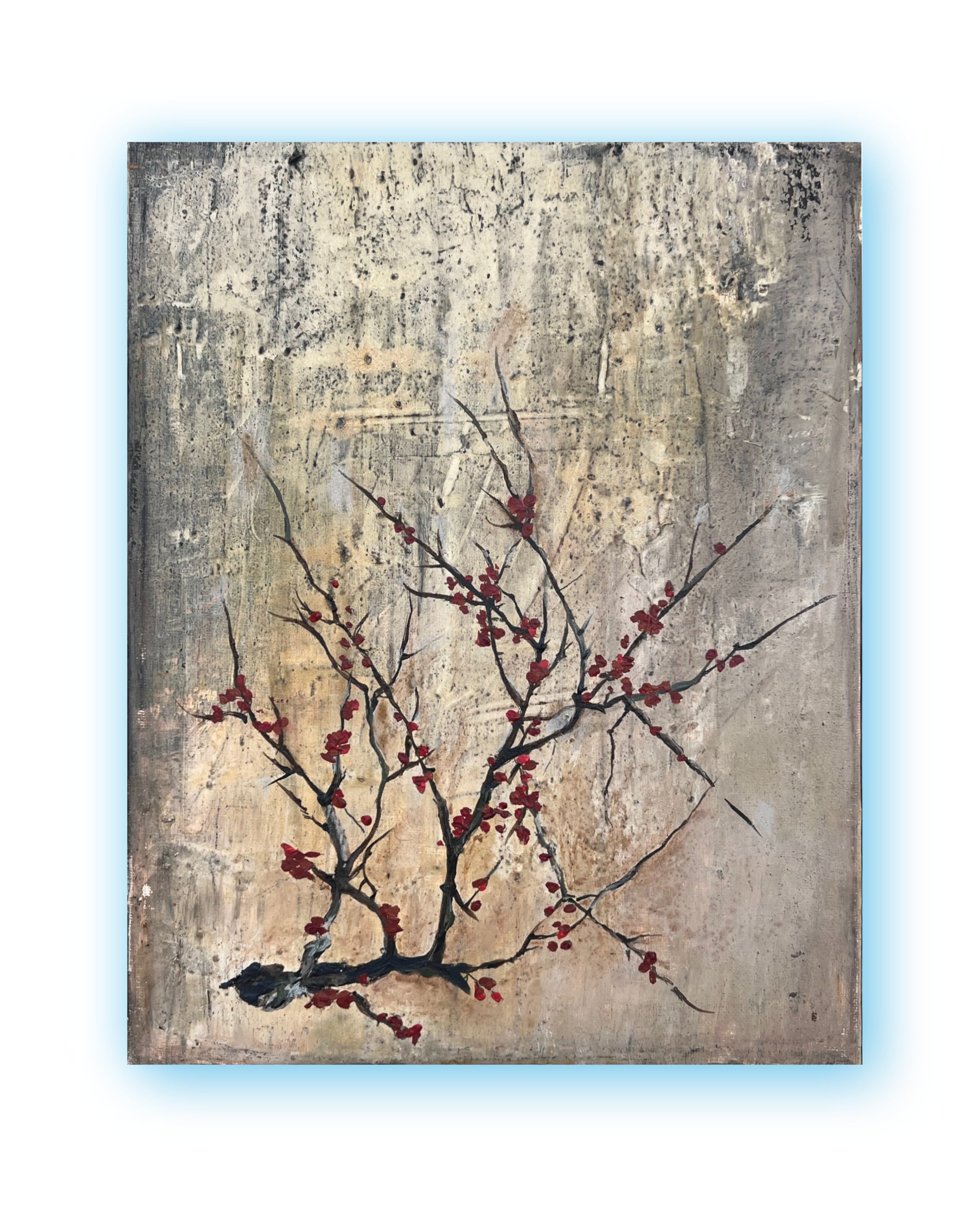 Square contemporary painting with a delicate branch and red blossoms on a cool grey patina surface, showing layered texture and quiet balance.