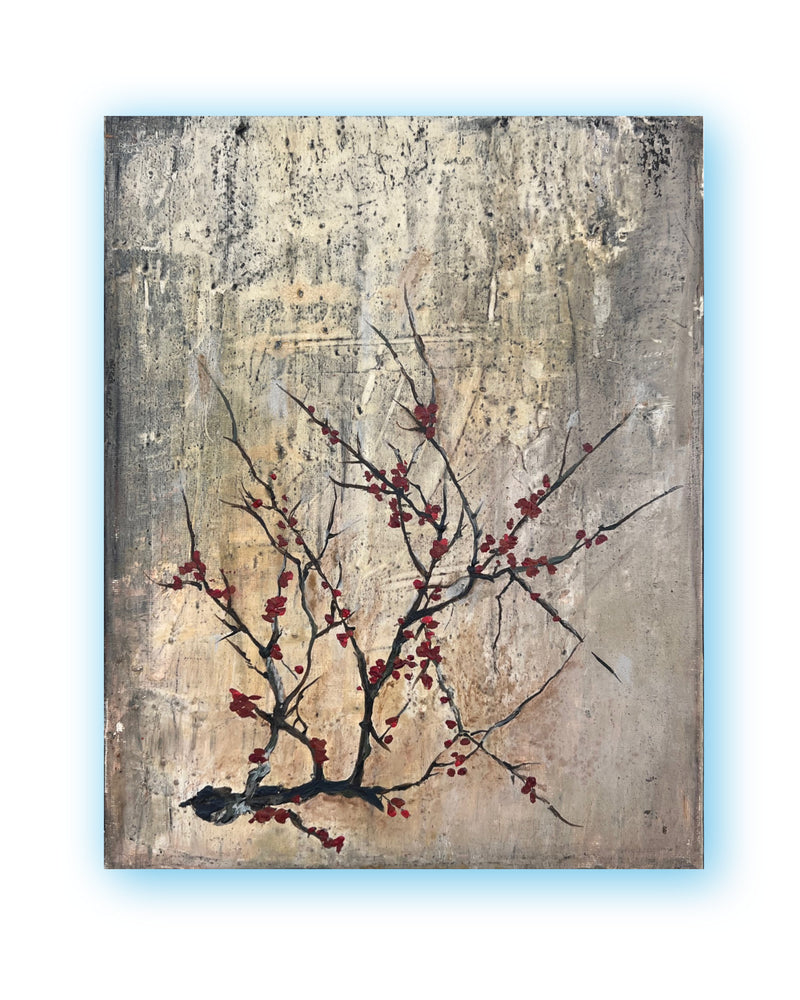 Square contemporary painting with a delicate branch and red blossoms on a cool grey patina surface, showing layered texture and quiet balance.