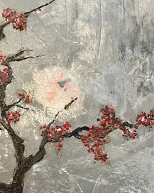 Textural detail of red blossoms on branching form against a distressed grey surface, egg tempera and mixed media on canvas.