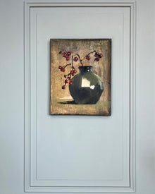Small-format still life painting with dark ceramic vessel and red berries, mixed media on canvas in muted earth tones.