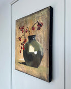 Side view of original still life painting on canvas showing painted edges and material depth.