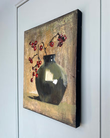 Side view of original still life painting on canvas showing painted edges and material depth.