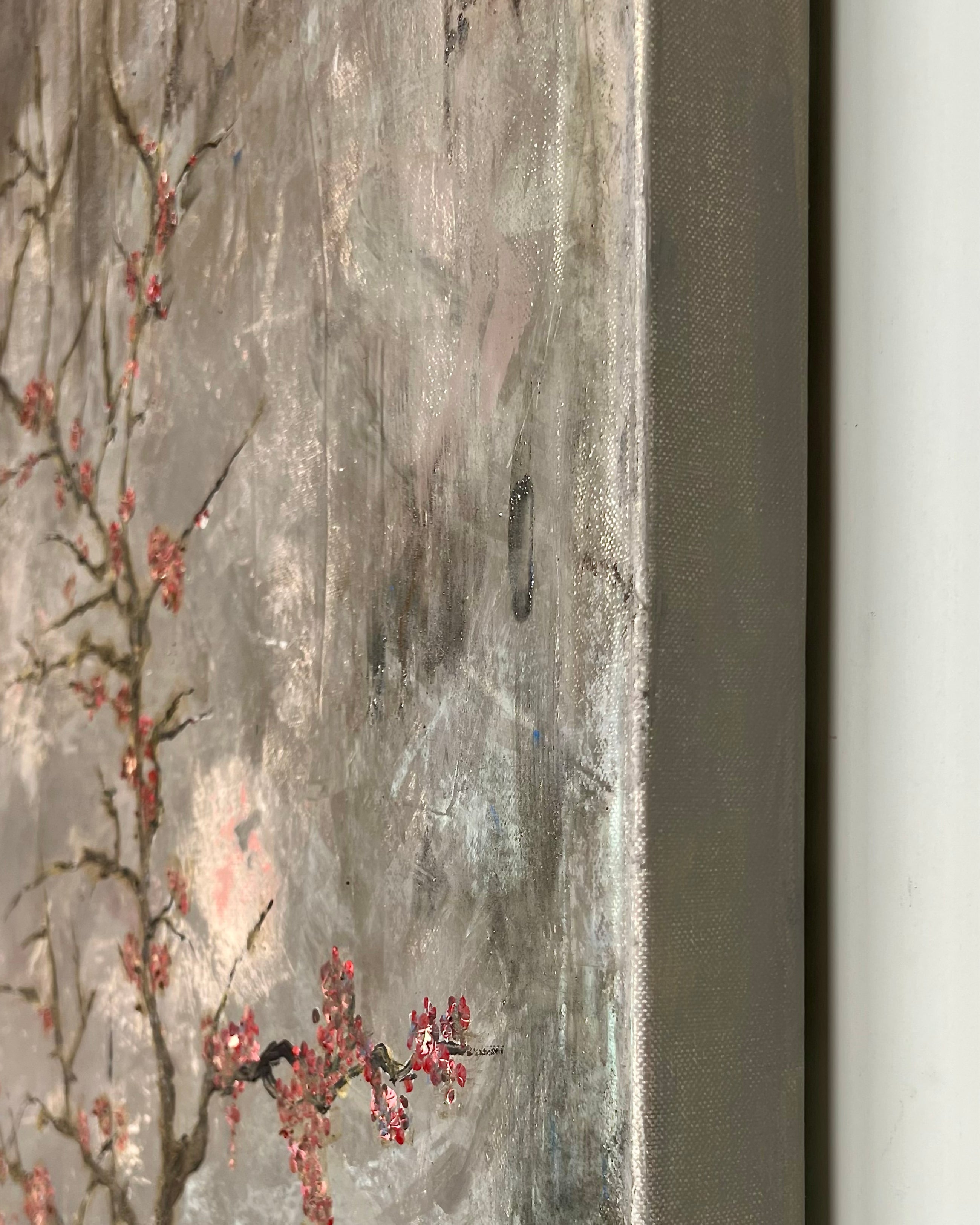 Side angle view showing the textured layered surface of a Wabi Sabi mixed media painting on canvas.