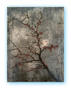 Wabi Sabi inspired original painting featuring a textured grey surface with a dark branching tree and red blossoms, mixed media on canvas by PATINA & ORO.
