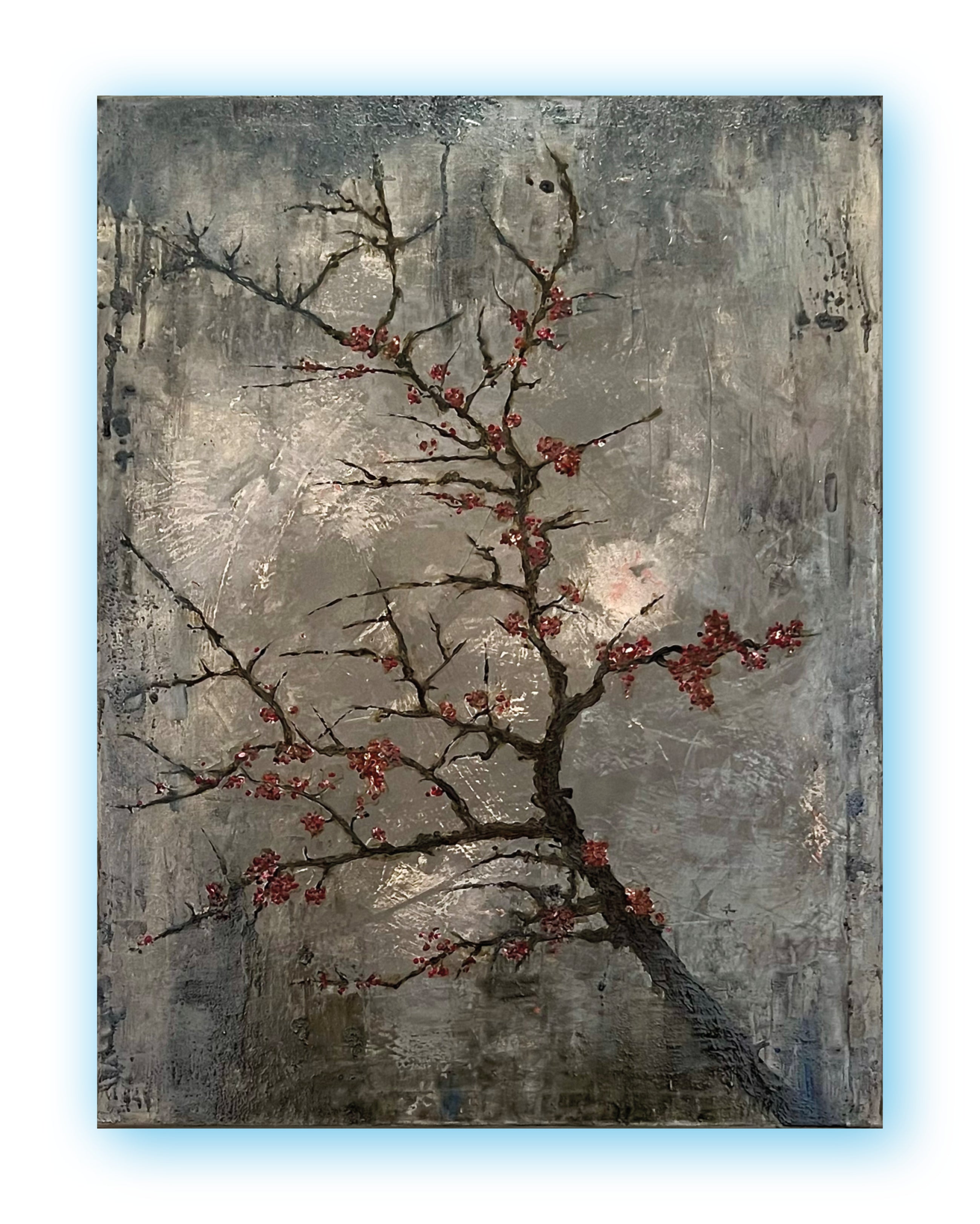 Wabi Sabi inspired original painting featuring a textured grey surface with a dark branching tree and red blossoms, mixed media on canvas by PATINA & ORO.